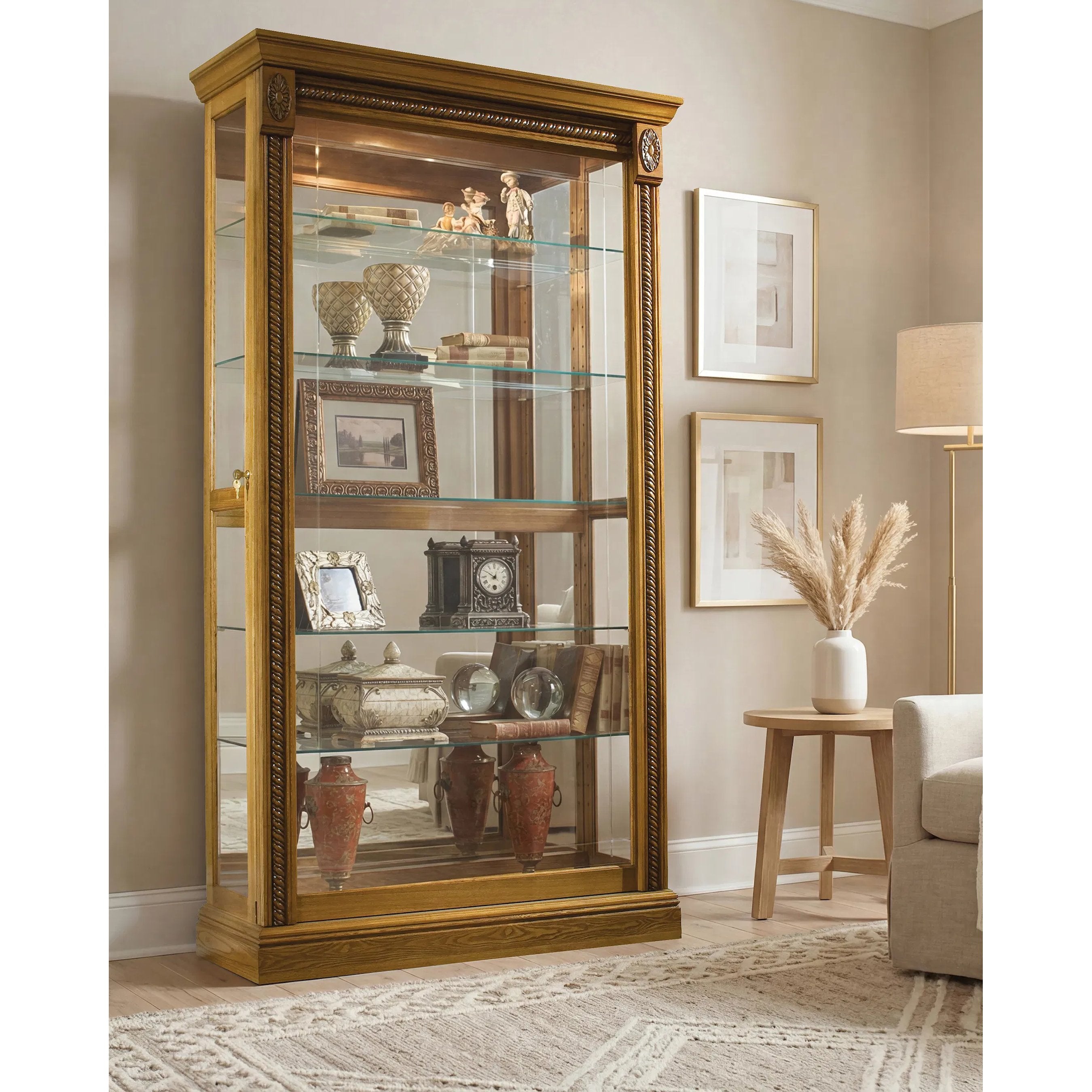 43'' Wide Hardwood Two Way Sliding Door Curio Cabinet in Warm Honey