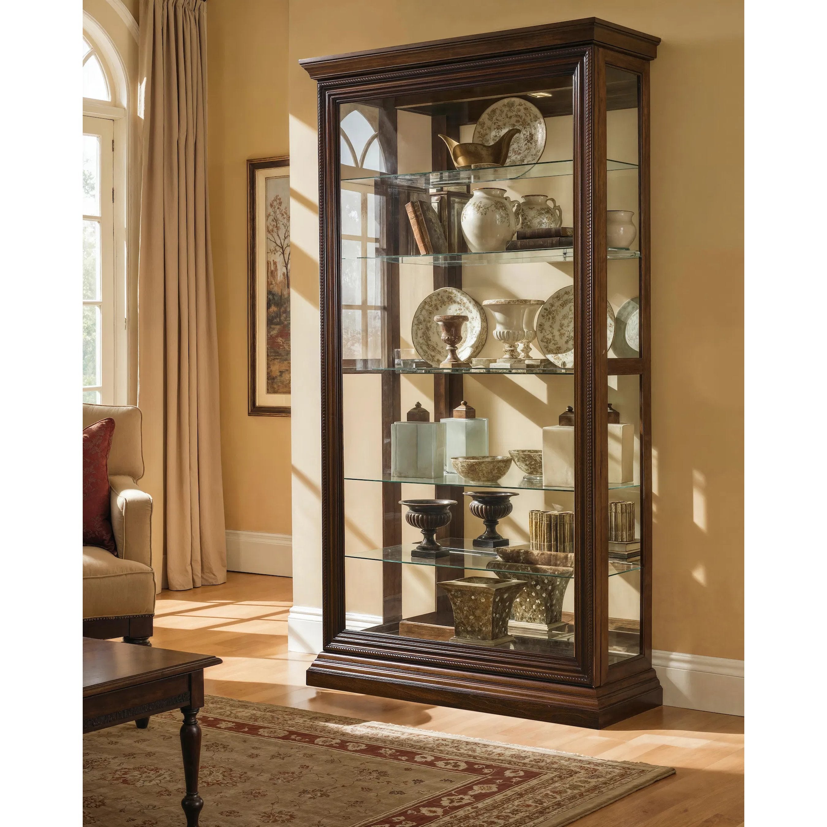 43'' Wide Hardwood Two Way Sliding Door Curio Cabinet in Rich Brown