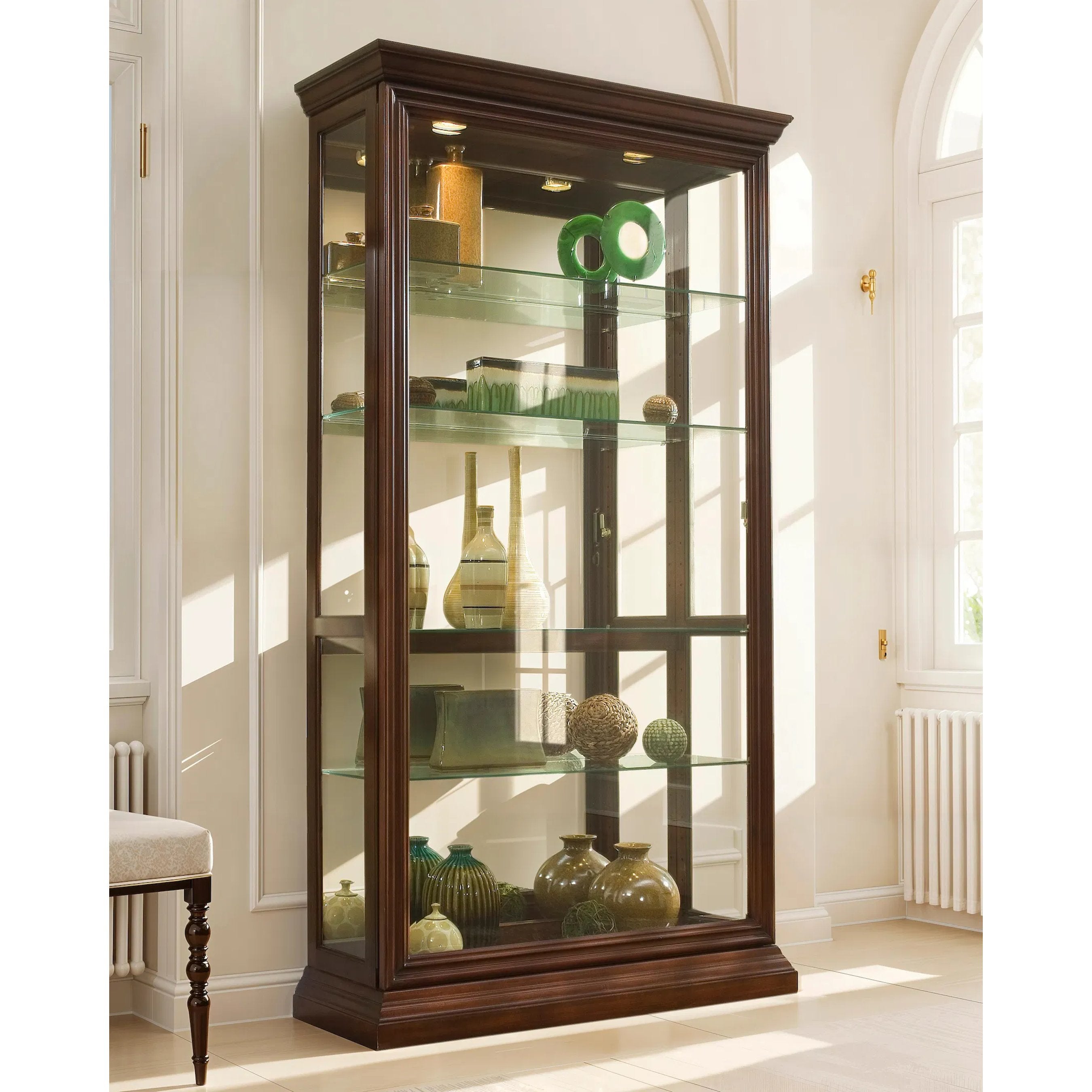 43'' Wide Two Way Sliding Door Curio Display Cabinet in Warm Brown